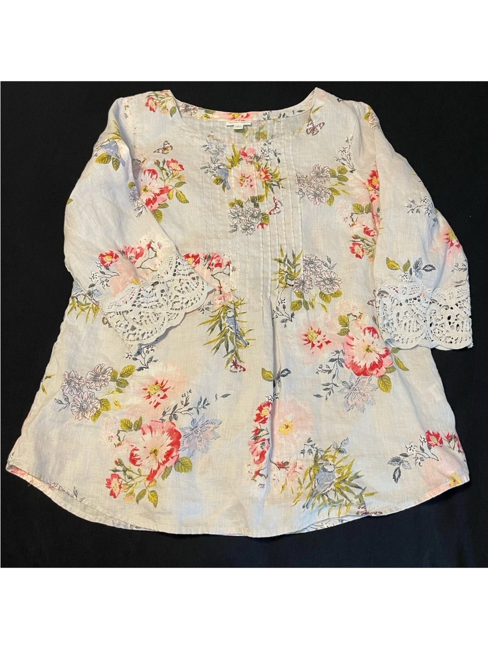 J. Jill Love Linen Floral Pintuck Tunic Blouse Crochet Lace Cuff Gray Pink M